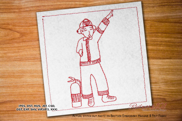 Fireman in Action Redwork for Seasonal Collections
